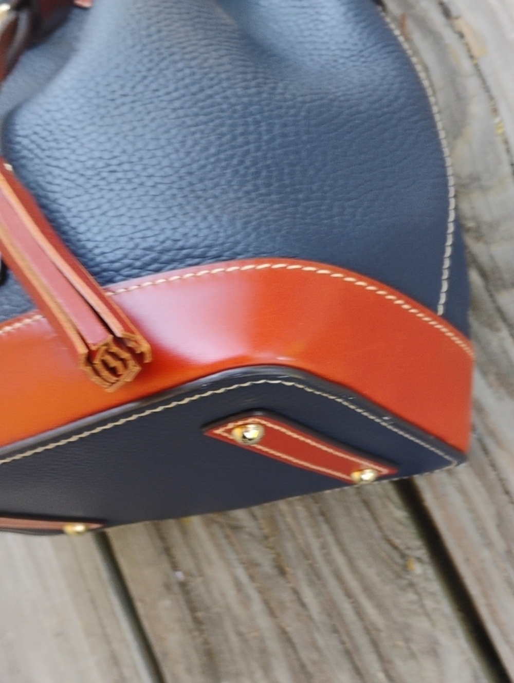 Dooney & Bourke Navy and Tan Pebble Leather Drawstring Bucket Shoulder Bag - Picture 3 of 10
